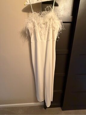 New York & Company White Feather-Trim Strapless Jumpsuit